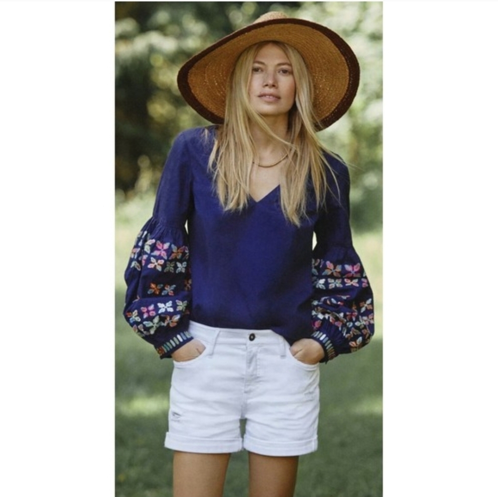 Anthropologie Maeve Woven Sonja Blue Floral Embroidered Preppy Top Size 6